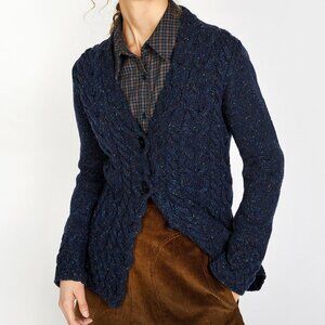 Irelands Eye Islander Wool Cashmere Horseshoe Cable Knit Cardigan Navy Blue Cozy